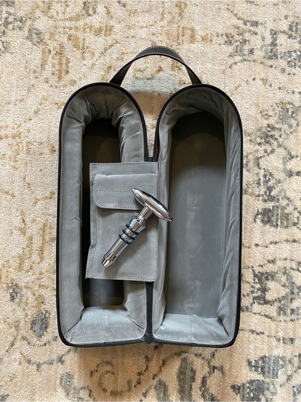 Beverage Carrier - 2 bottle or bottle and glasses - Black Leather with zipper
